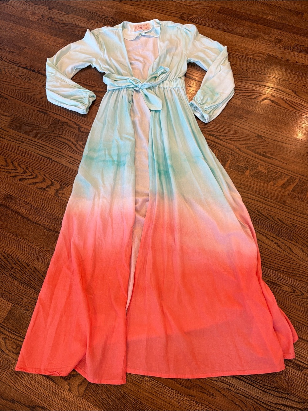 SIGAL Miami Beach Lightweight Tie-Waist Ombre caftan coverup  - Coral & Mint, M